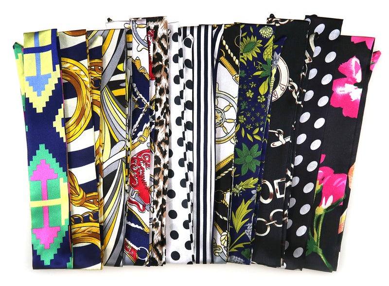 LilMents 12 Mixed Designs Satin Head Hair Handbag Handle Highlights Scarf Tie Lot (Set A) - Image 2